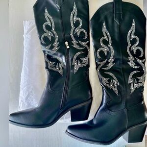 Black Rhinestone Knee-High Western Boots | Festival Cowgirl | Size 9 | New